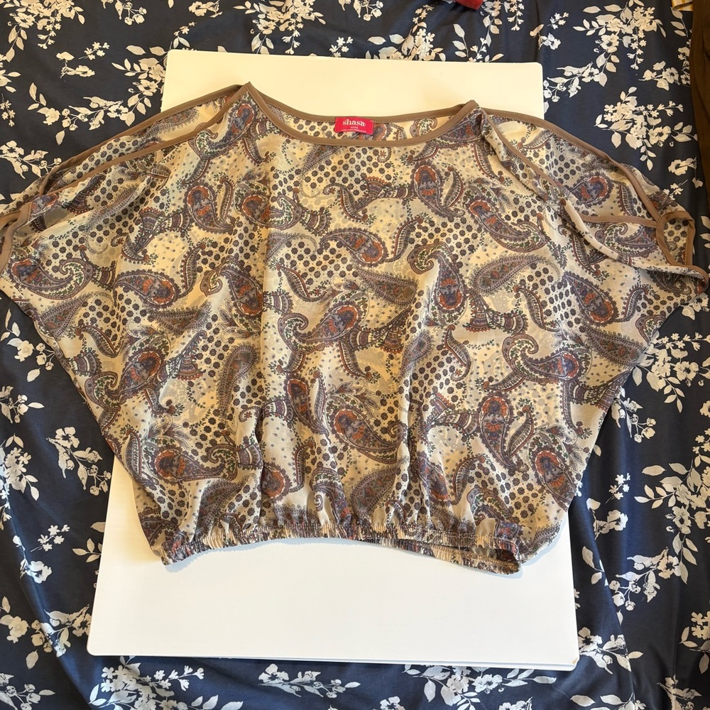 Vintage Y2k Boho Floral Paisley Brown Tan Earth‎ Tones Scarf Top Cold Shoulder